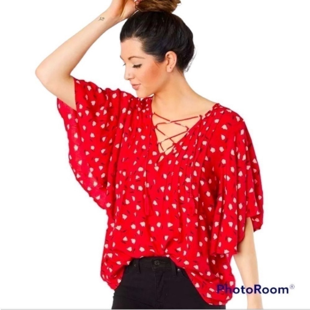 Billabong Ray Of Light Flowy "Havana Red" floral Flutter short Sleeves Top, Med
